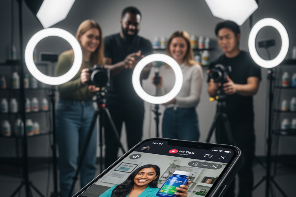 TikTok Shop interface on mobile phone, diverse creators filming videos with ring lights, shopping cart icons, energetic and authentic