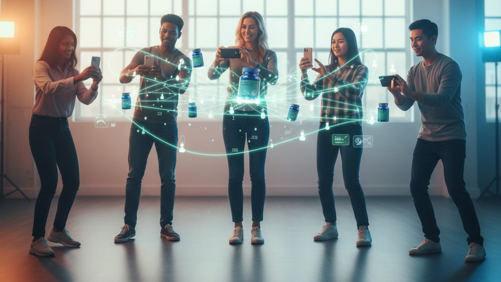 Diverse content creators with smartphones filming health products, AI matching visualization connecting creators to supplement bottles