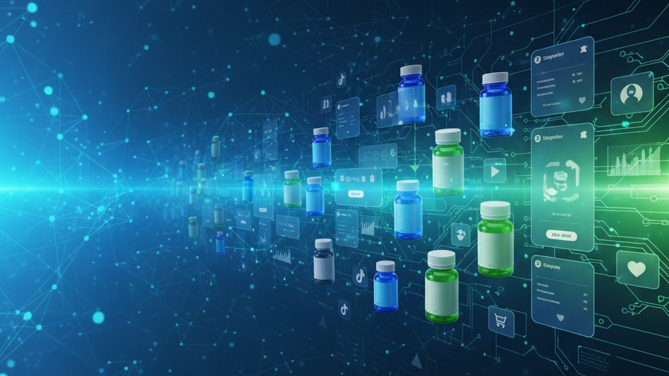 Modern abstract blend of AI neural networks and TikTok shopping interface, health supplements floating, gradient blue-to-green, professional