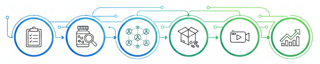Simple flowchart icons for 6 steps: clipboard, magnifying glass, people network, box, video camera, growth chart