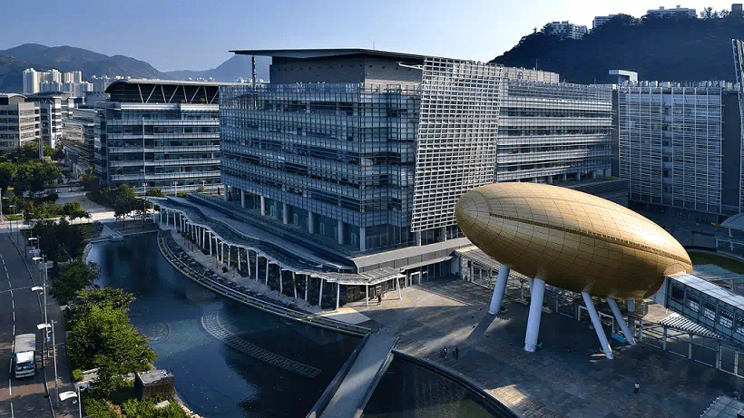 Hong Kong Science Park building exterior, modern tech hub atmosphere, innovation and professionalism