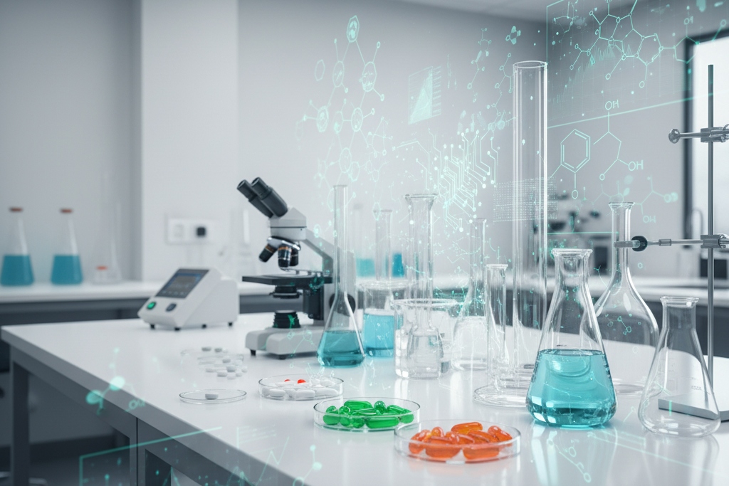Clean laboratory beakers with supplement pills, overlaid with data visualizations and AI circuit patterns, trustworthy aesthetic